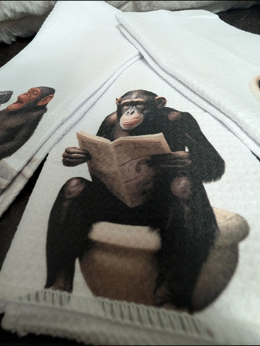 Source Unknown White Hand Towels with Monkey Print - Set of 3